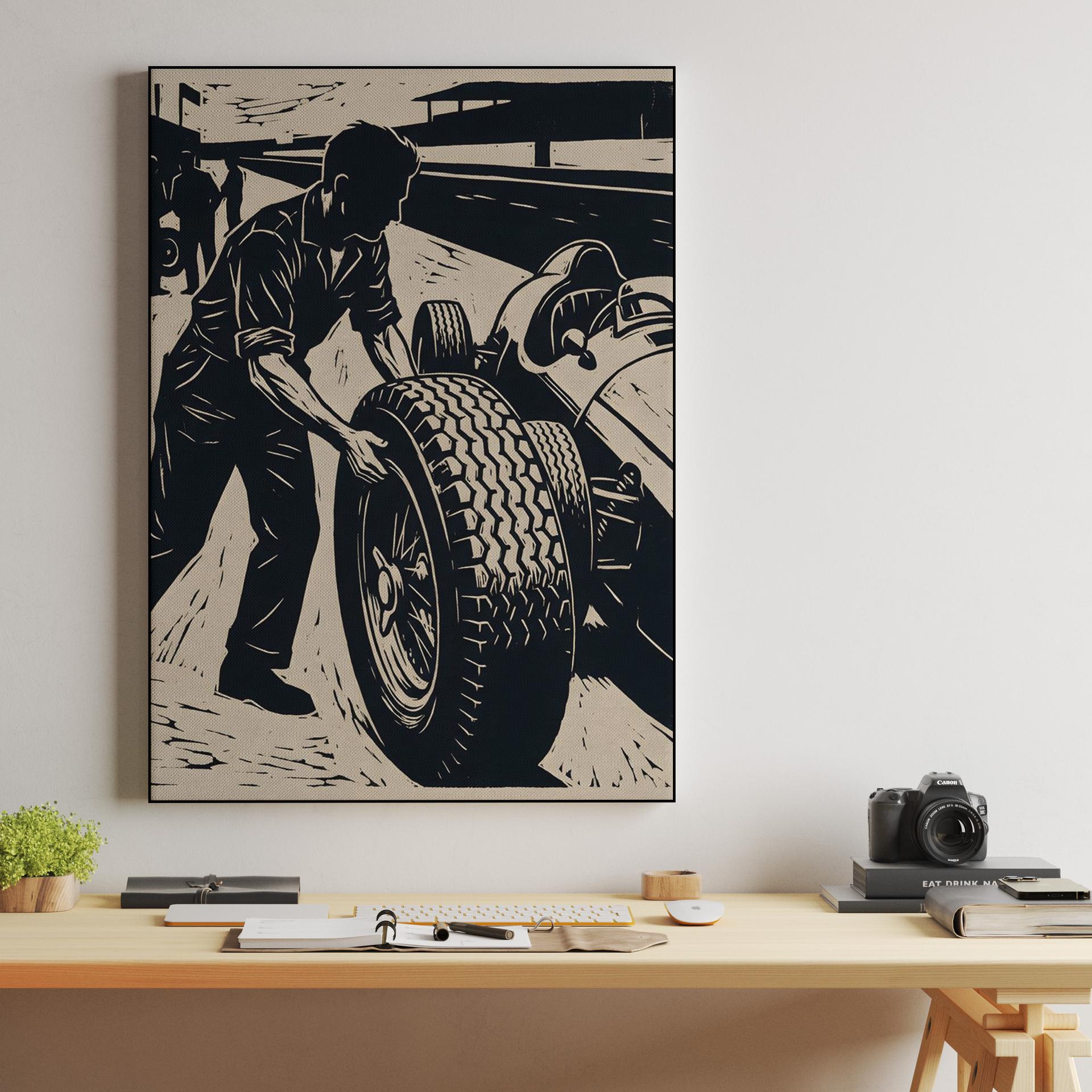 Vintage Pit Stop Woodcut