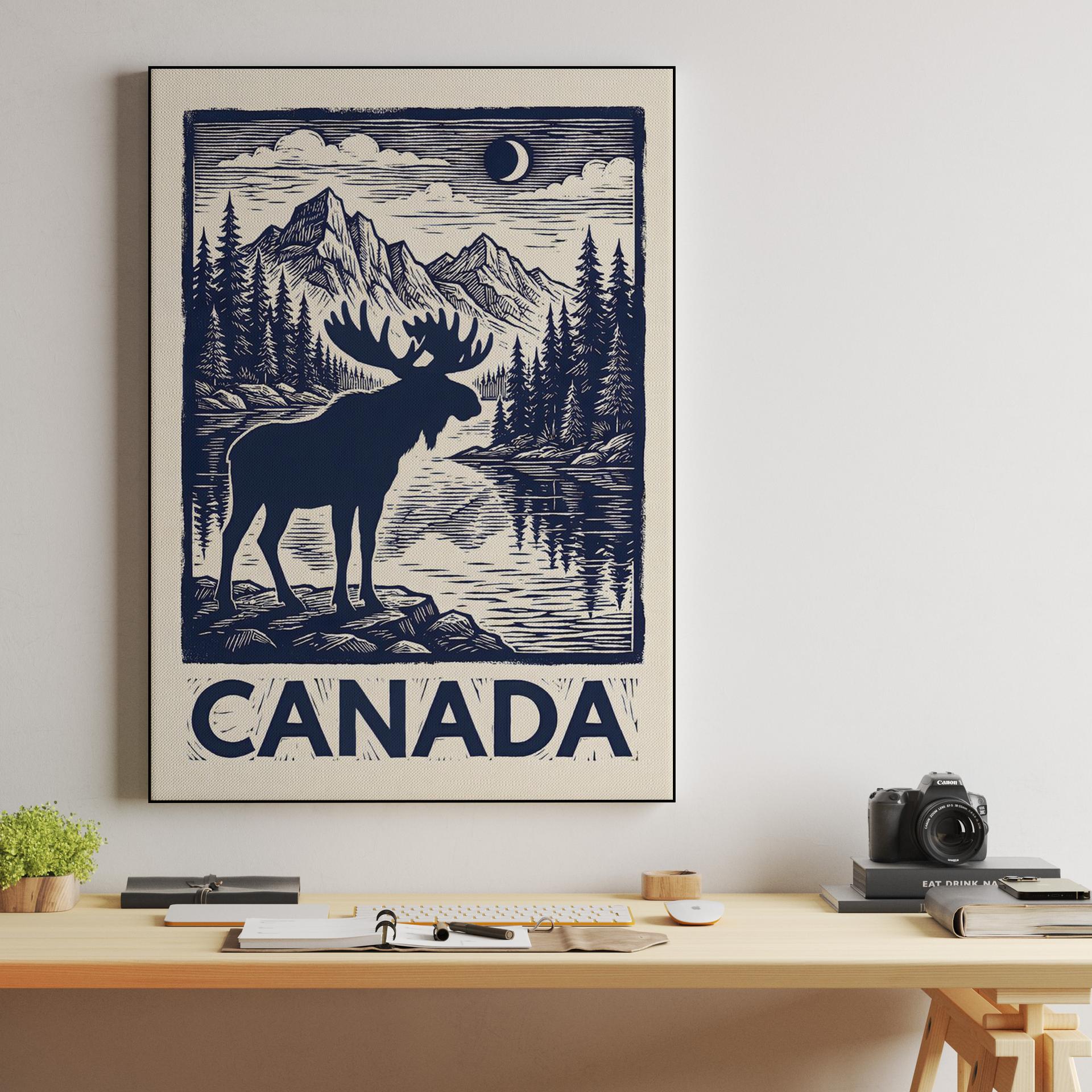 Majestic Canada Moose Woodcut Travel Poster