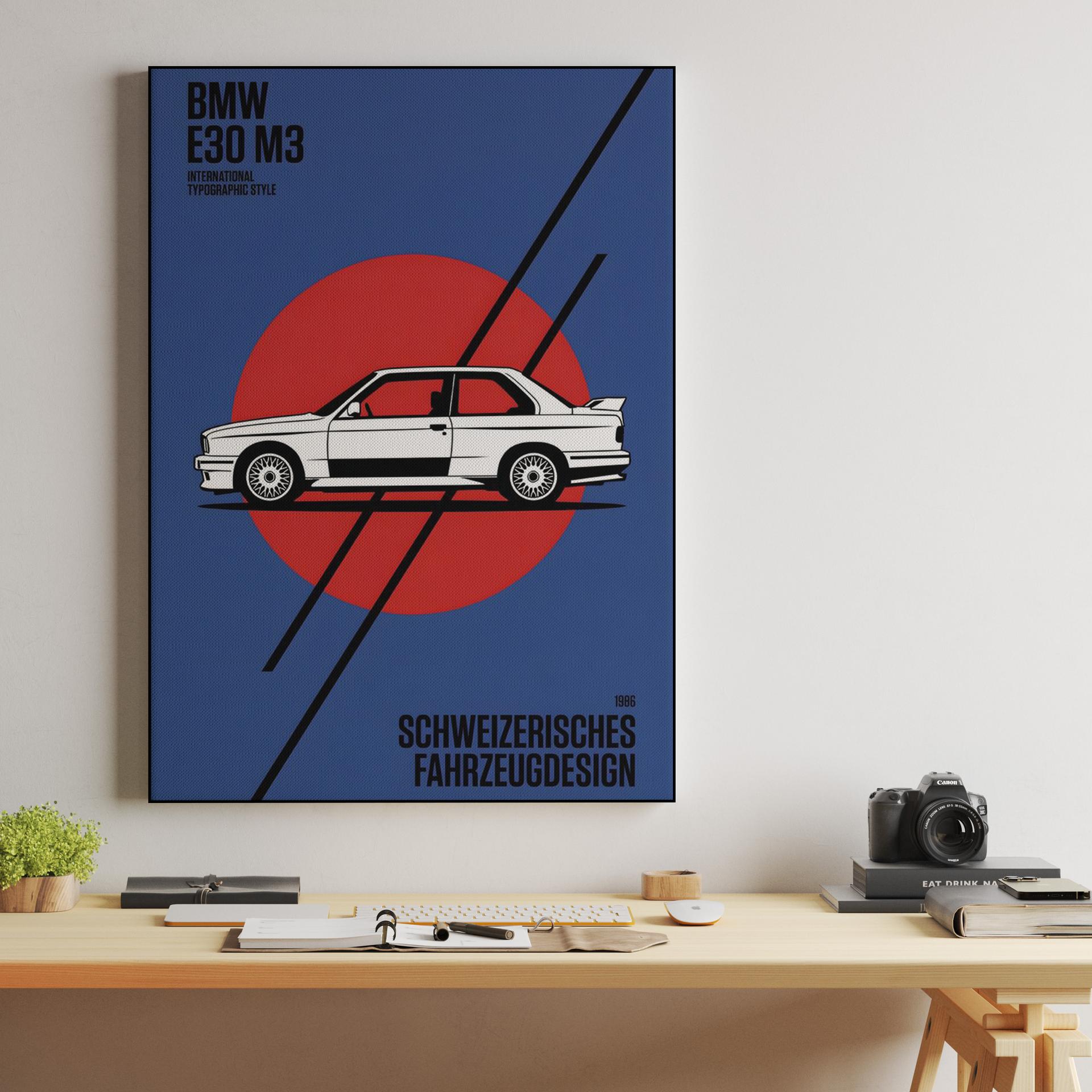 BMW E30 M3 Swiss Style Blue Poster