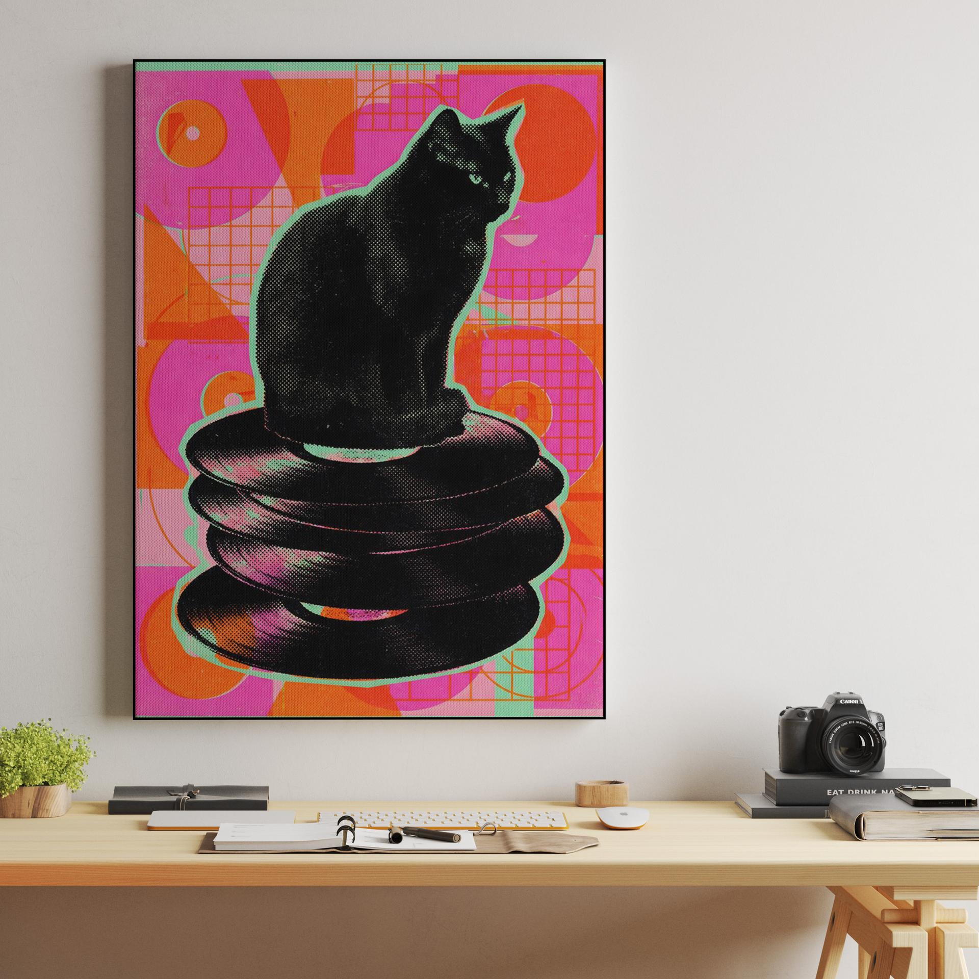 Retro Groove: Black Cat on Vinyl Stack