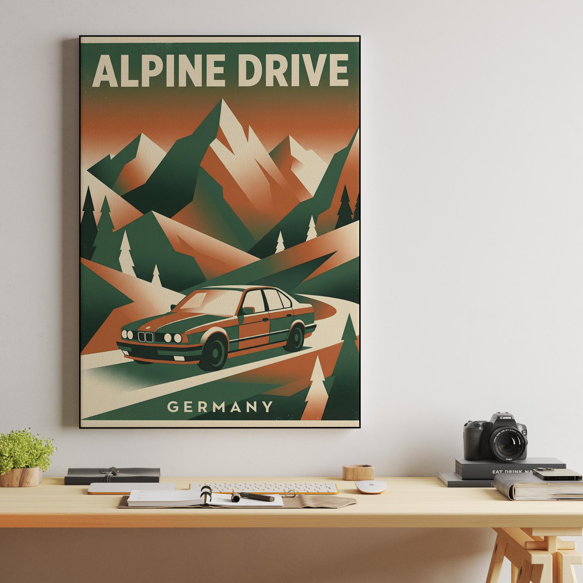 Alpine Drive: BMW E34 Germany Travel Poster