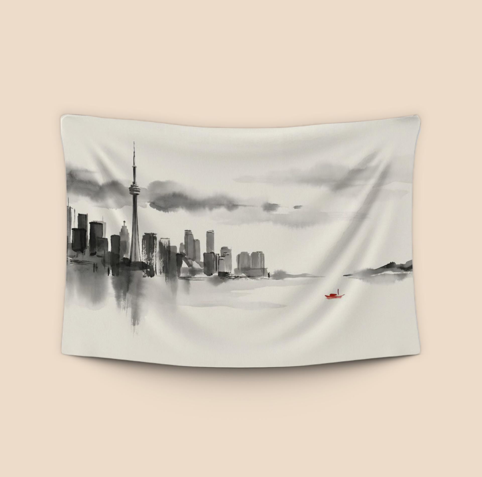 Sumi-e Toronto: Red Boat on Lake Ontario