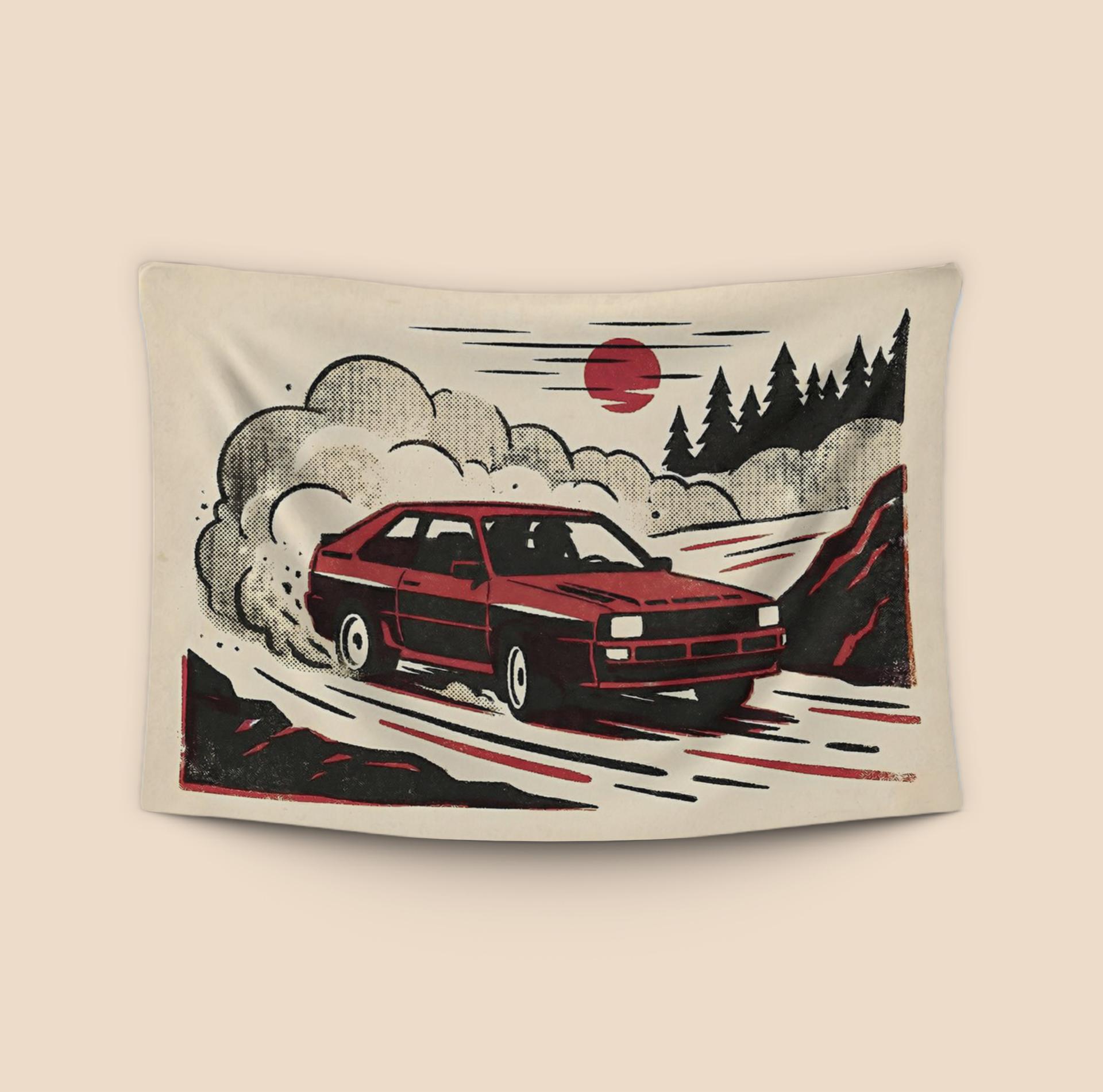 Audi Sport Quattro Rally Drift Woodcut Illustration
