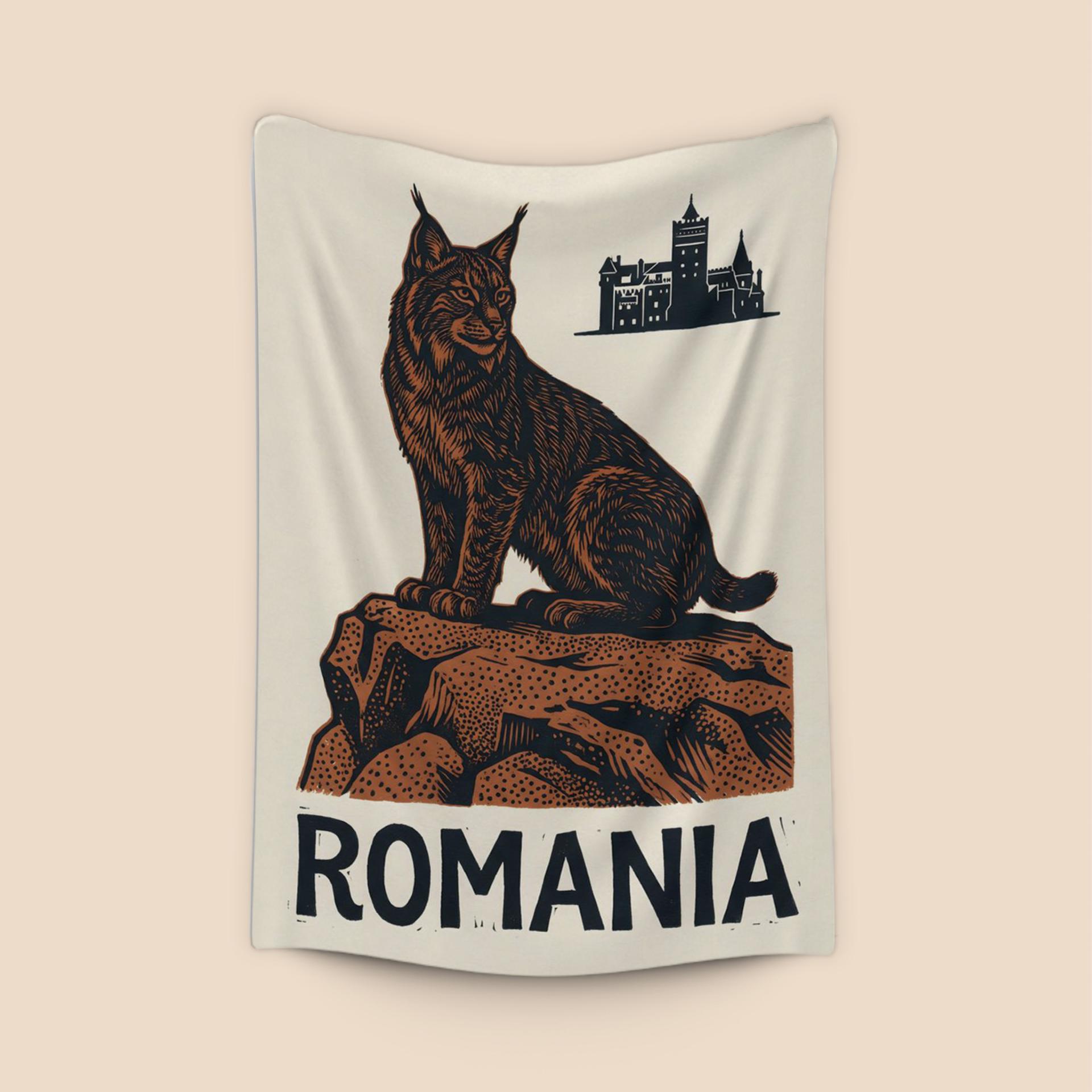 Wild Romania: Lynx and Bran Castle Woodcut Poster