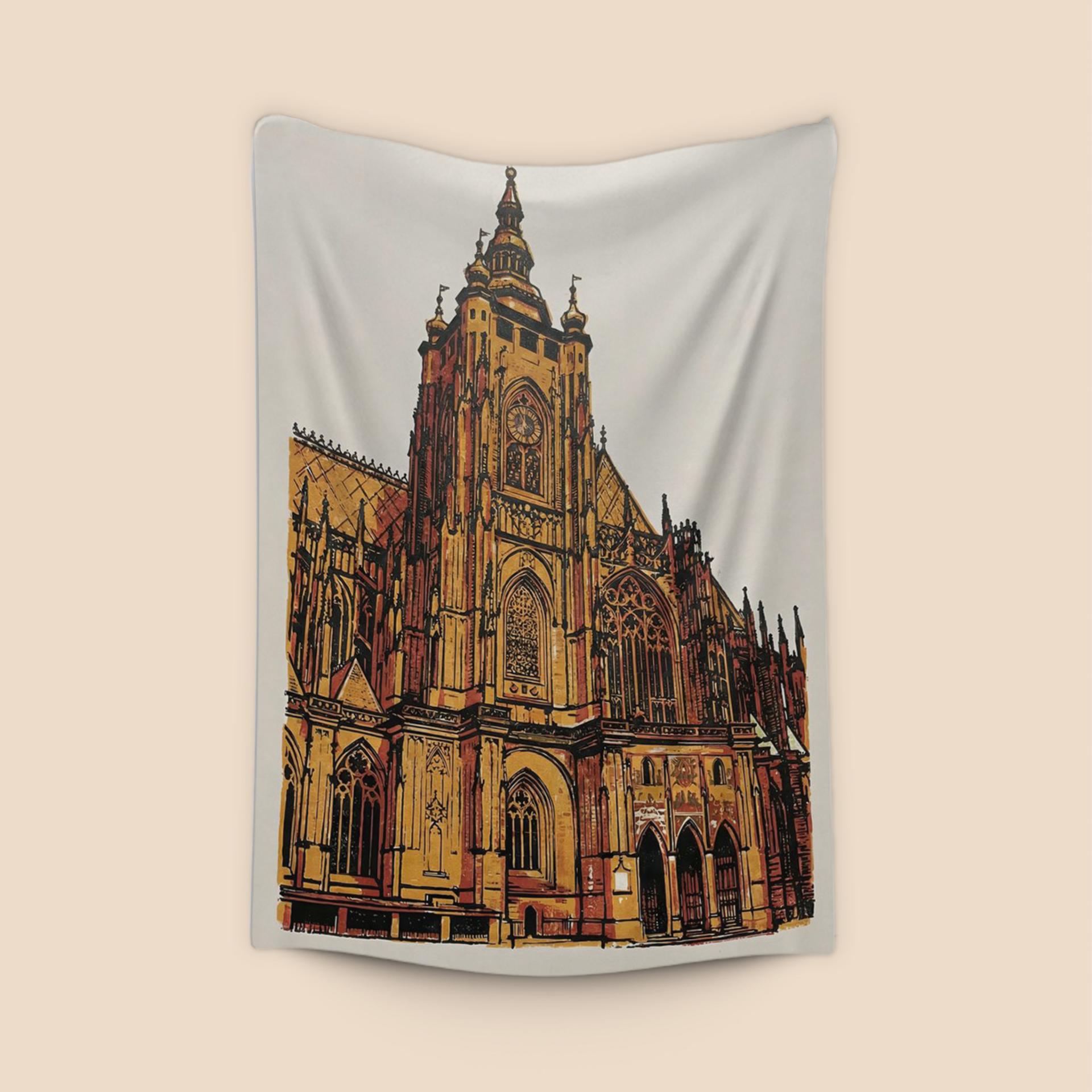 St. Vitus Cathedral Golden Woodcut Illustration