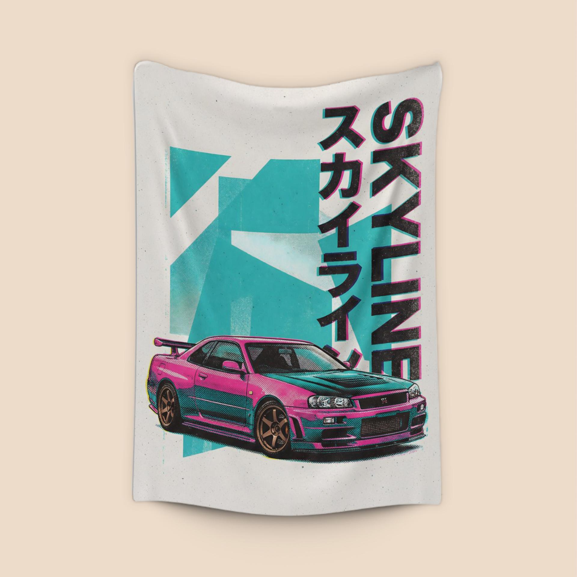 Skyline GT-R R34 Vaporwave Halftone Illustration
