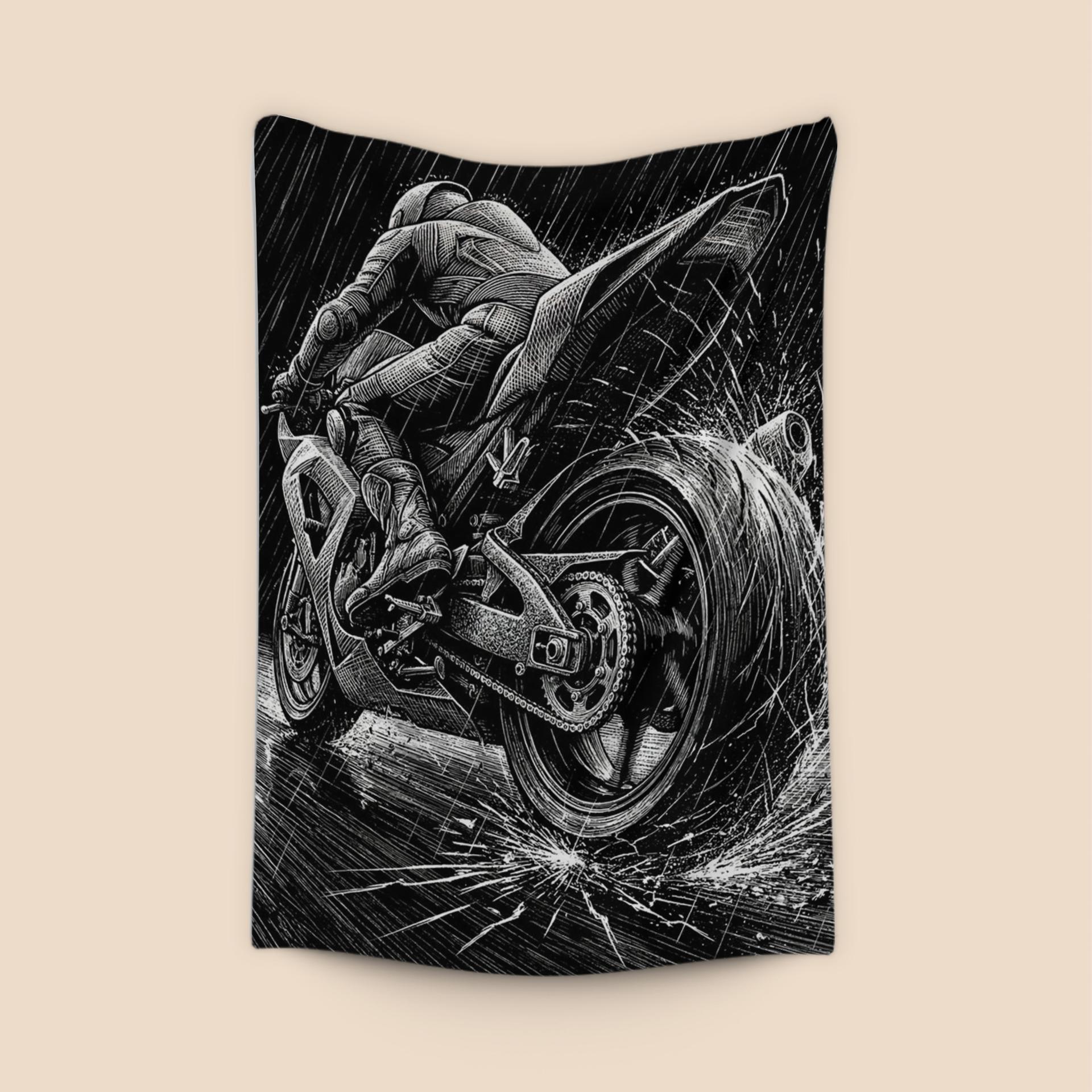 Torrential Velocity: Woodcut Motorcycle Racing in the Rain