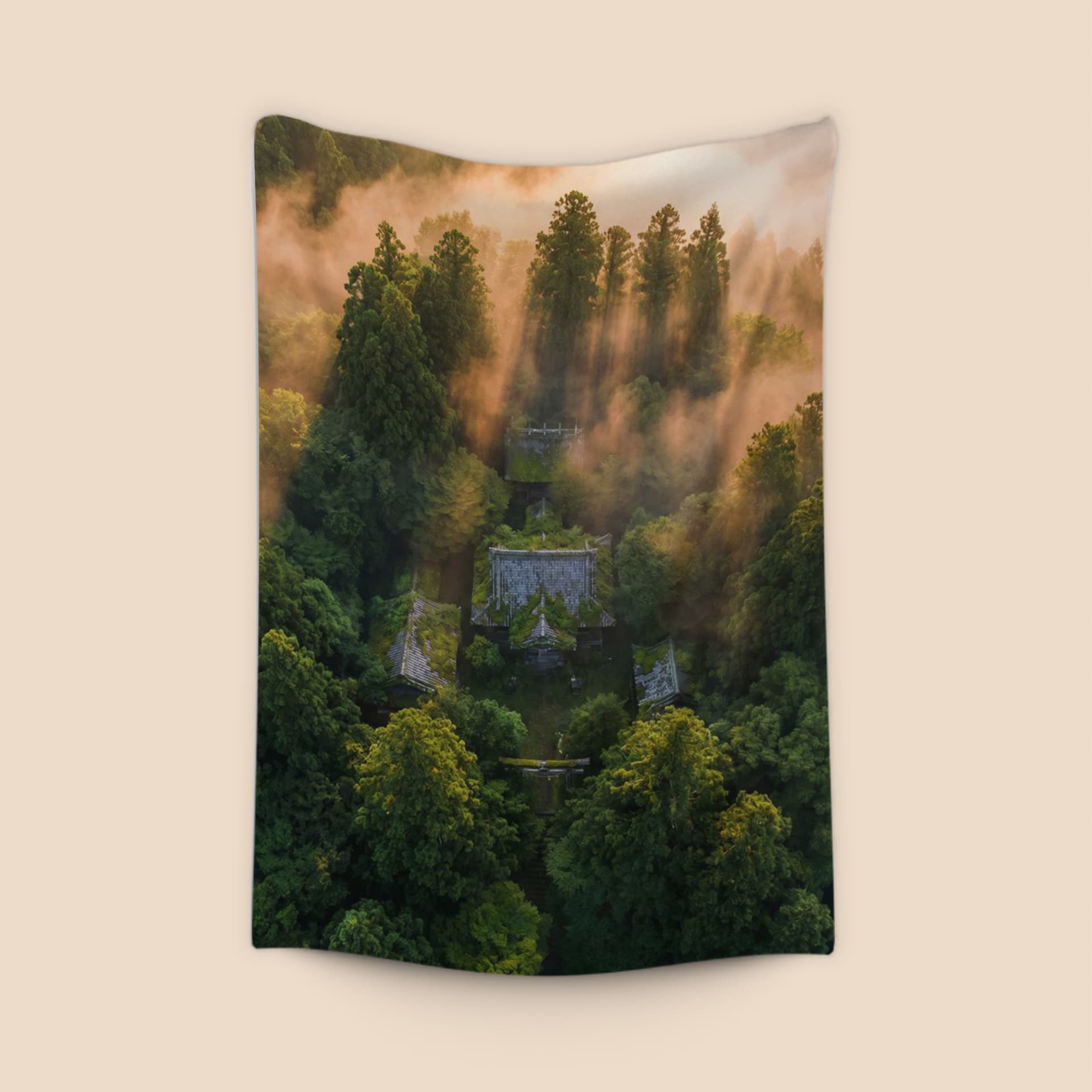 Sacred Forest Mist: Aerial Shinto Shrine