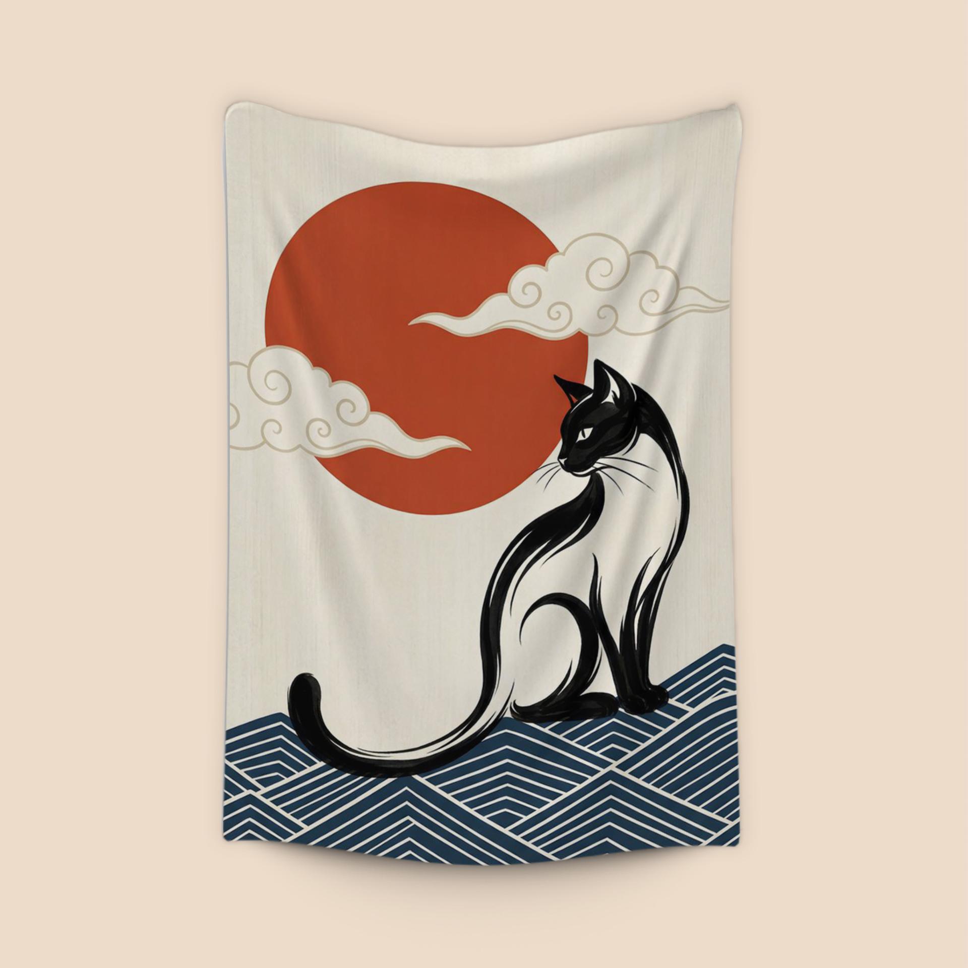 Celestial Zen: Japanese Style Black Cat & Rising Sun