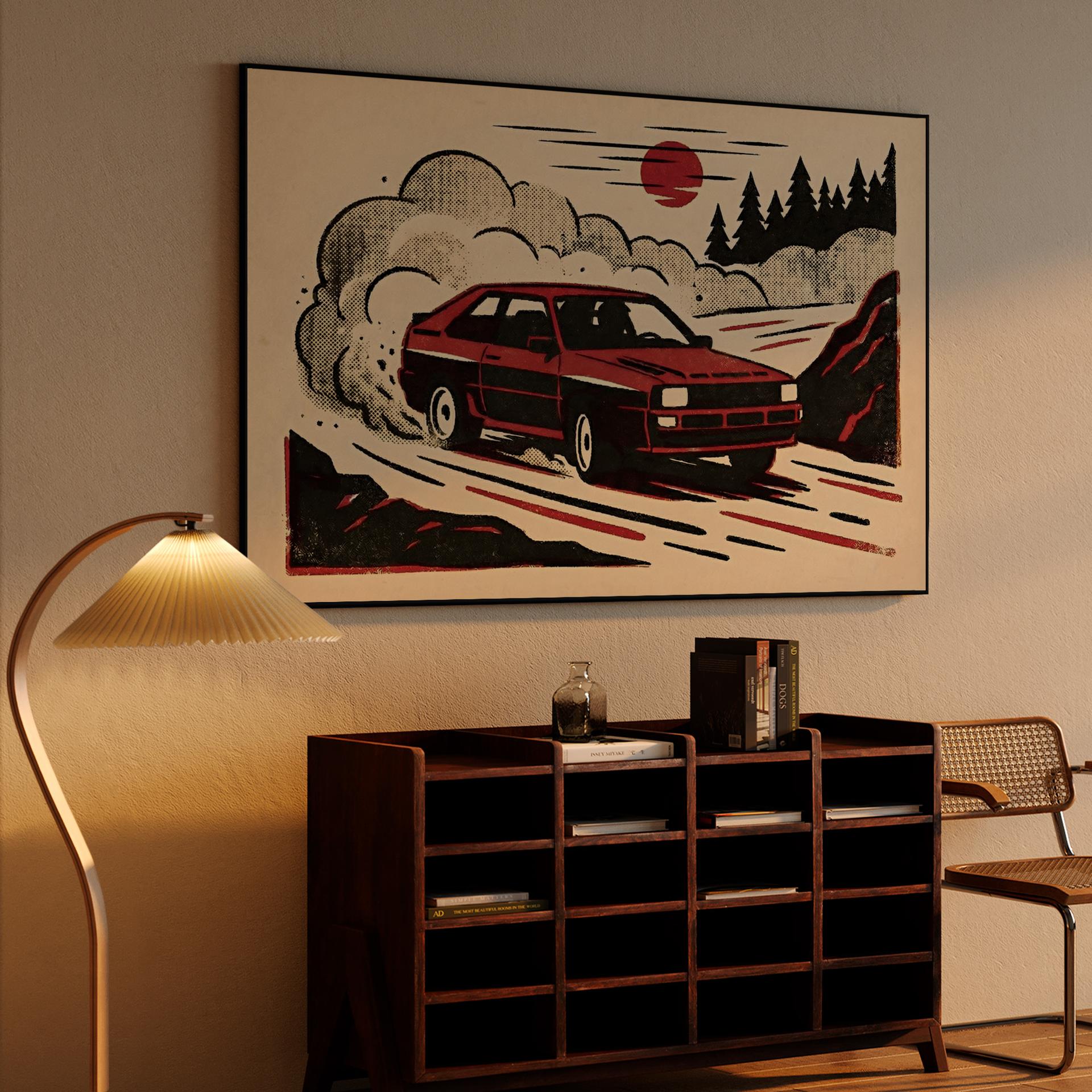 Audi Sport Quattro Rally Drift Woodcut Illustration