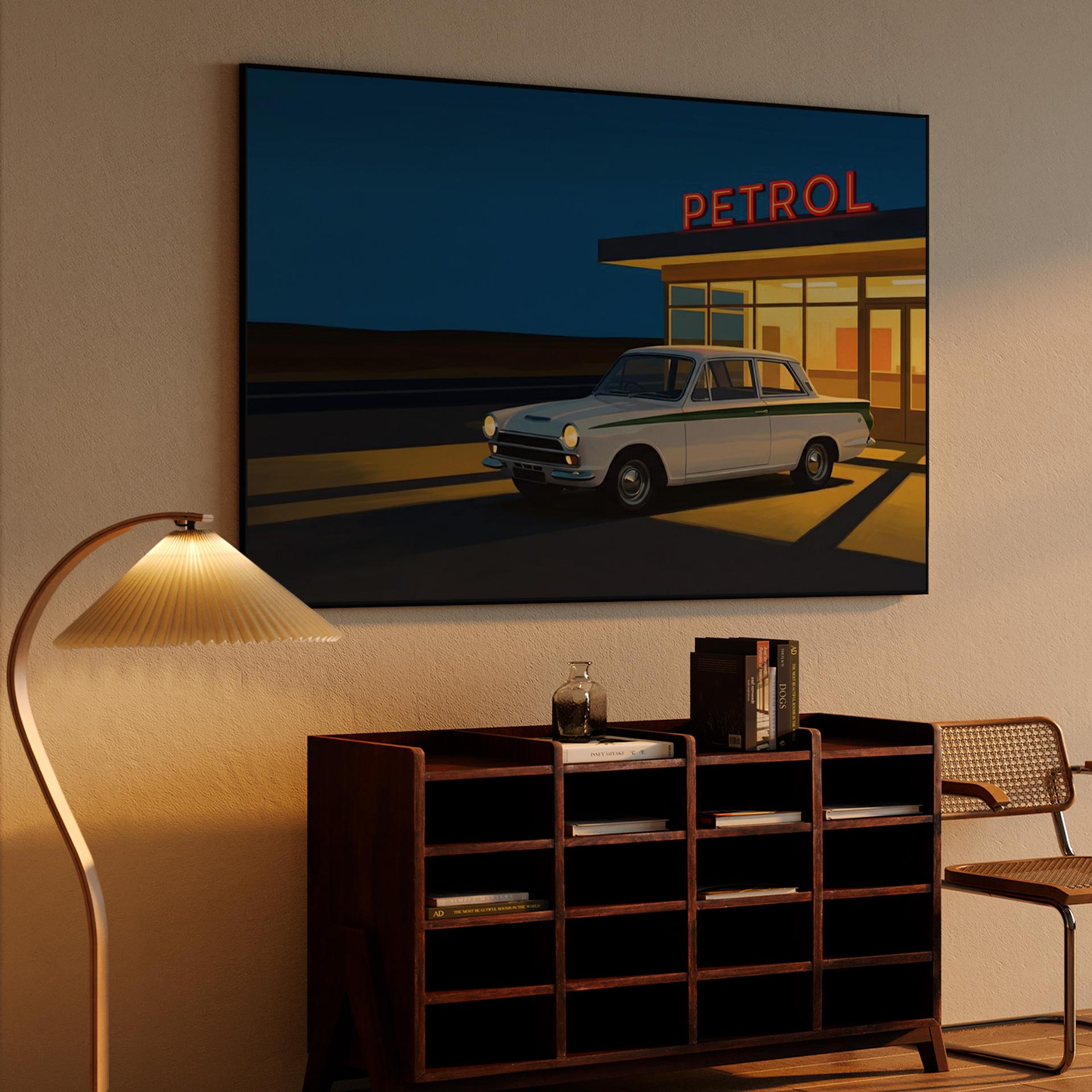 Nocturnal Refuel - Lotus Cortina at the Gas Station