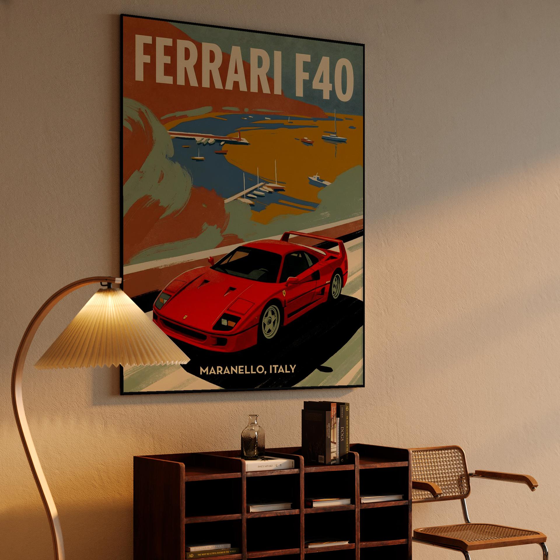 Ferrari F40 Italian Coastal Travel Poster