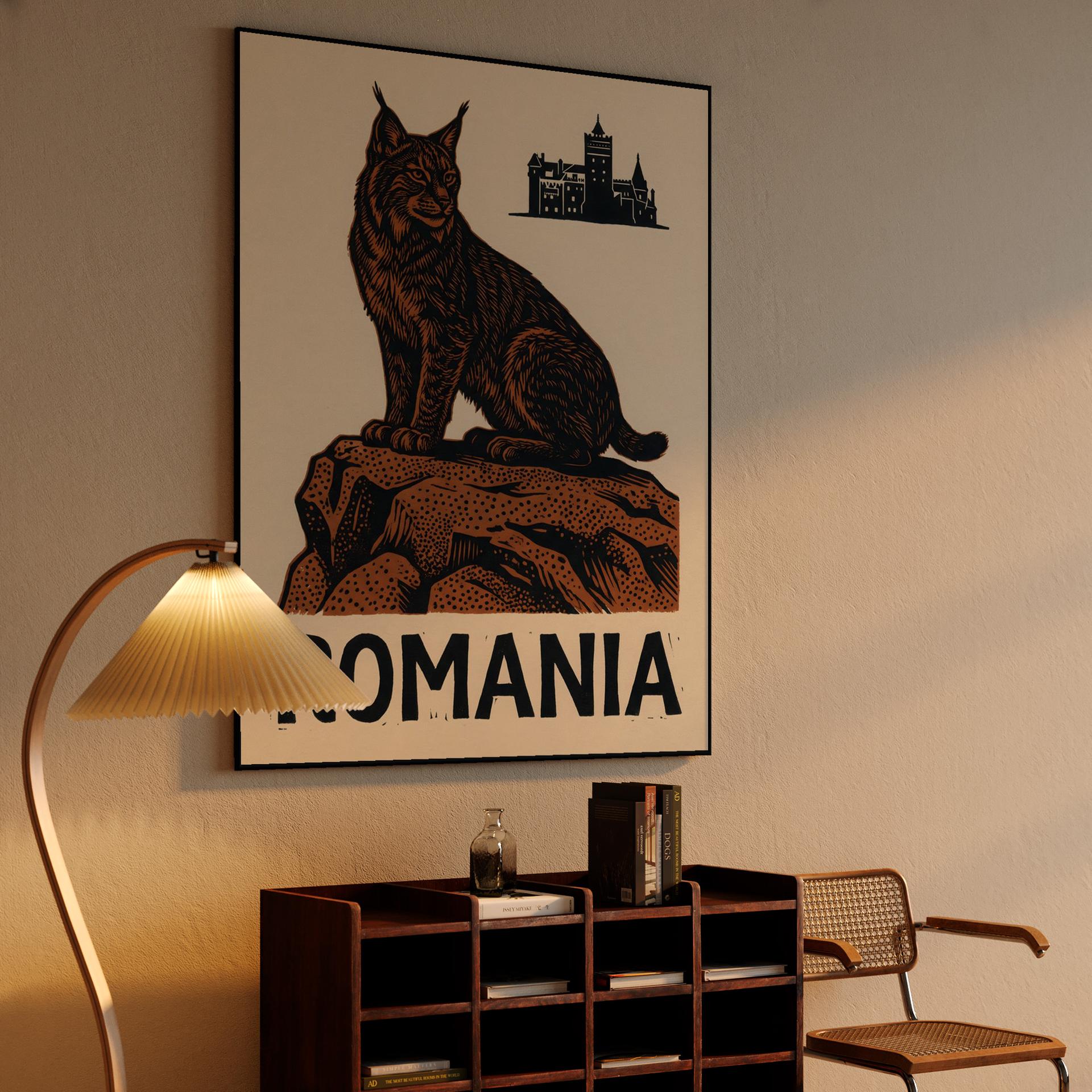 Wild Romania: Lynx and Bran Castle Woodcut Poster