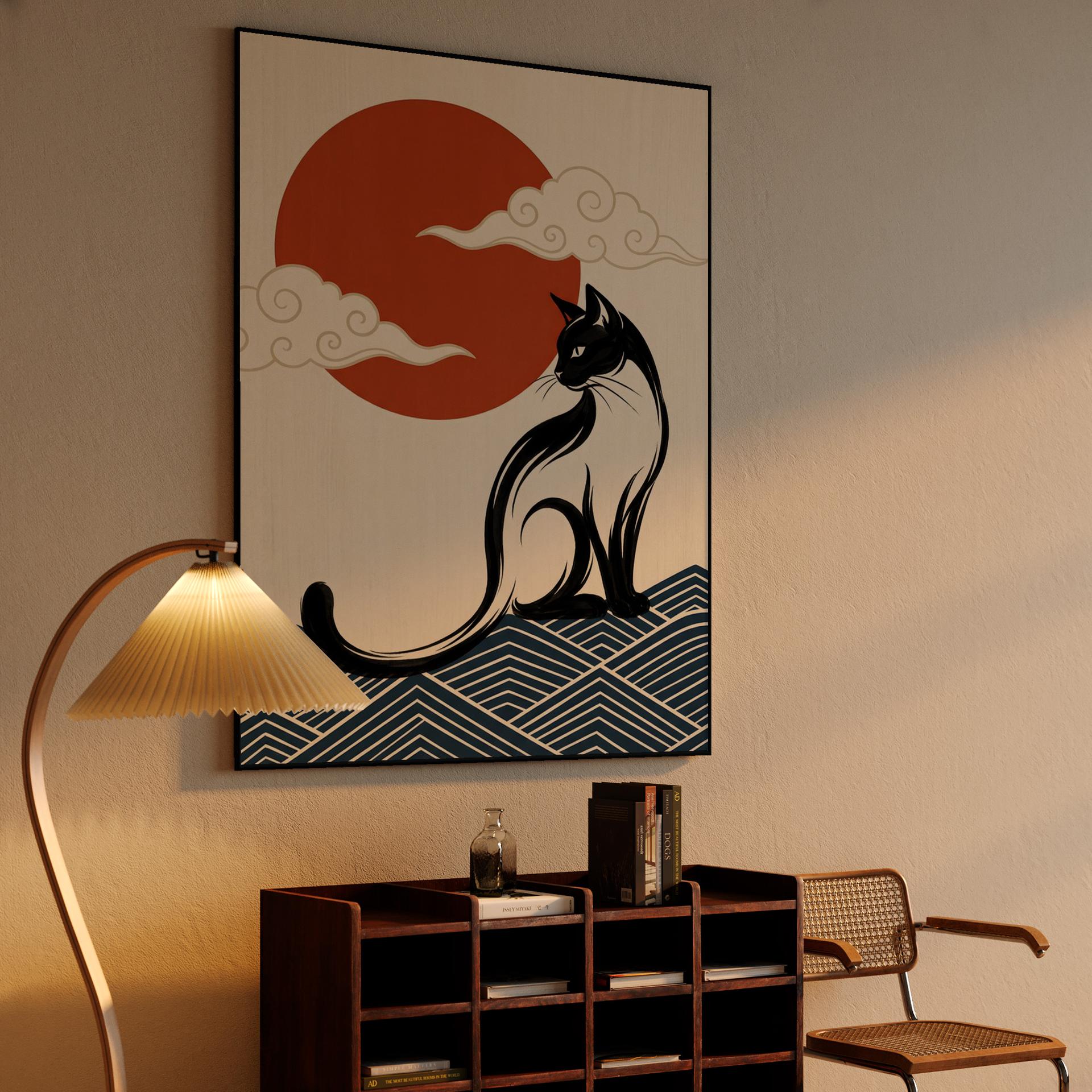 Celestial Zen: Japanese Style Black Cat & Rising Sun