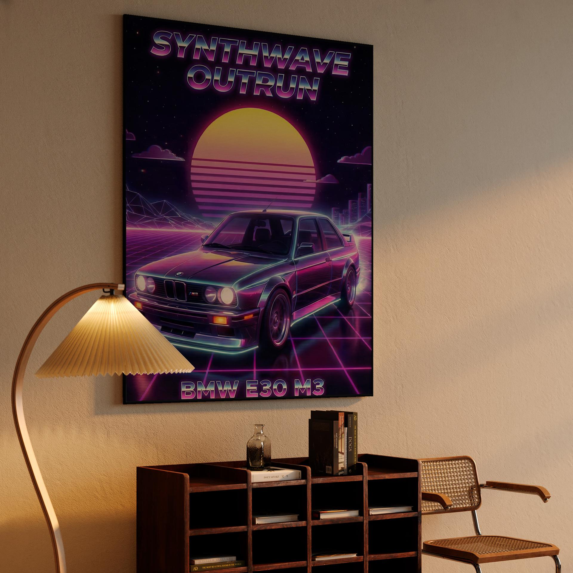 BMW E30 M3 Synthwave Outrun Poster