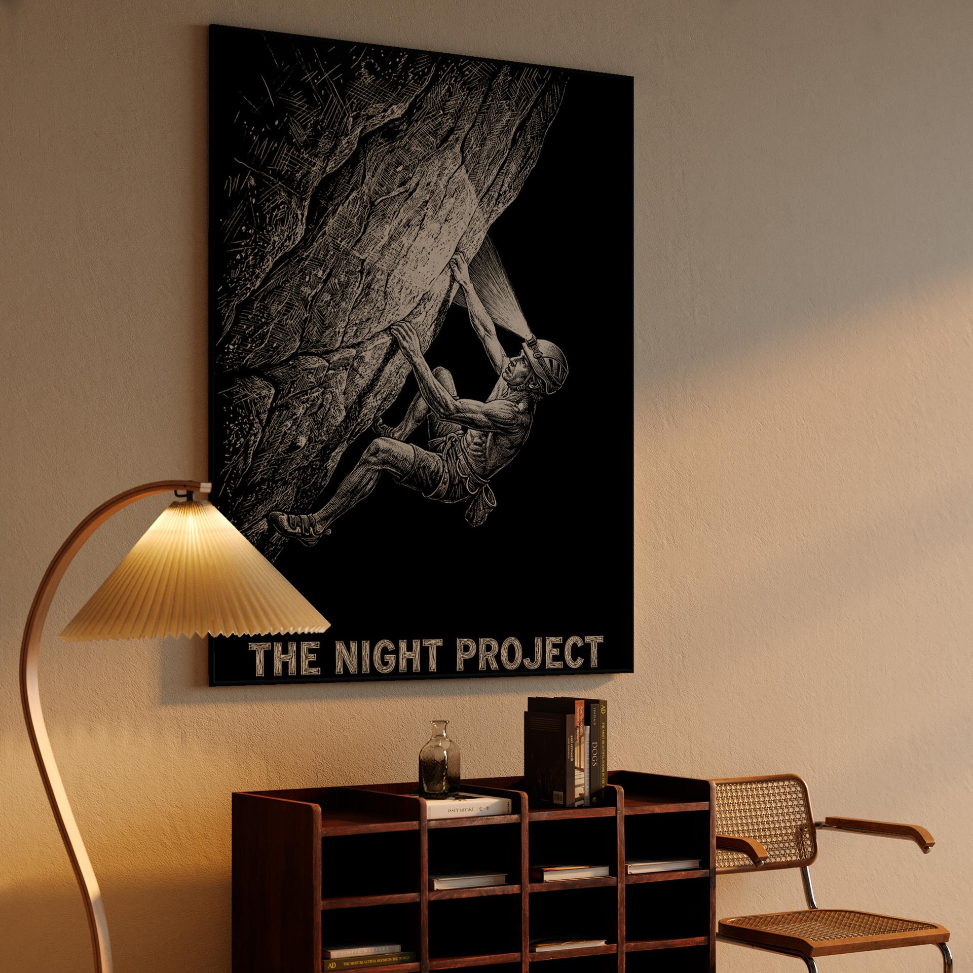 The Night Project: Woodcut Rock Climbing Illustration
