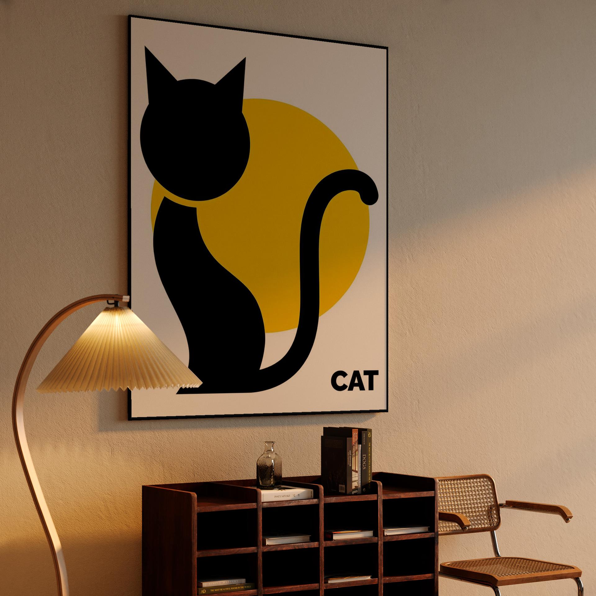 Minimalist Black Cat and Yellow Sun
