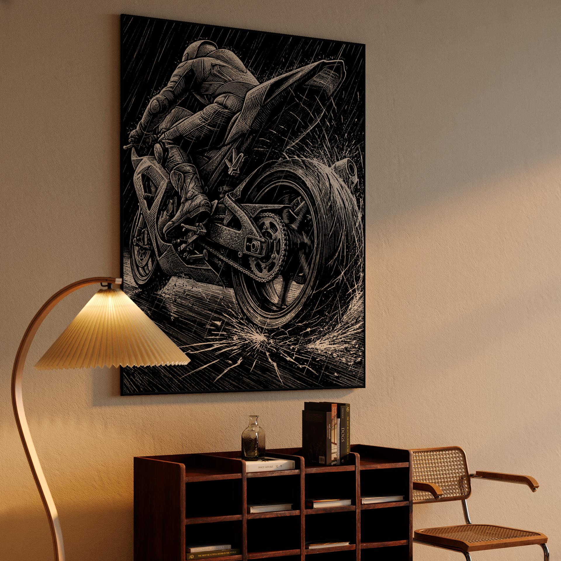 Torrential Velocity: Woodcut Motorcycle Racing in the Rain