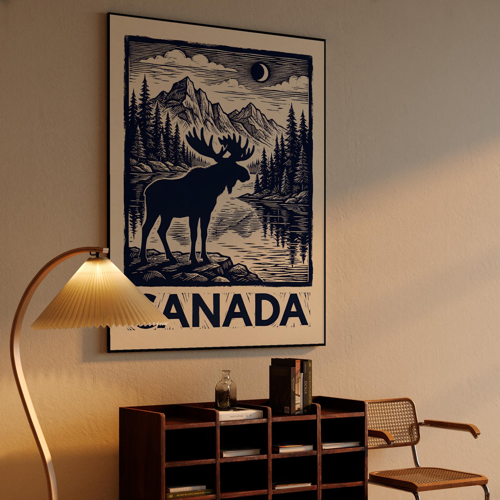 Majestic Canada Moose Woodcut Travel Poster