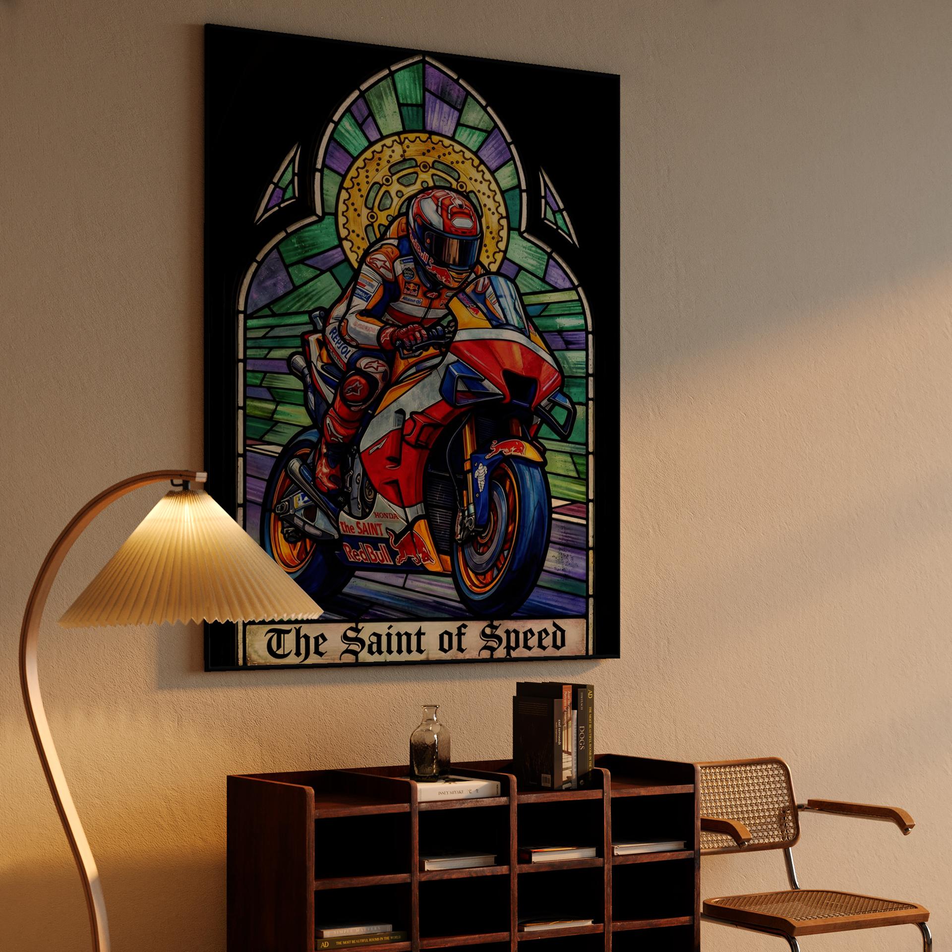 The Saint of Speed: Gothic Stained Glass Sportbike Art