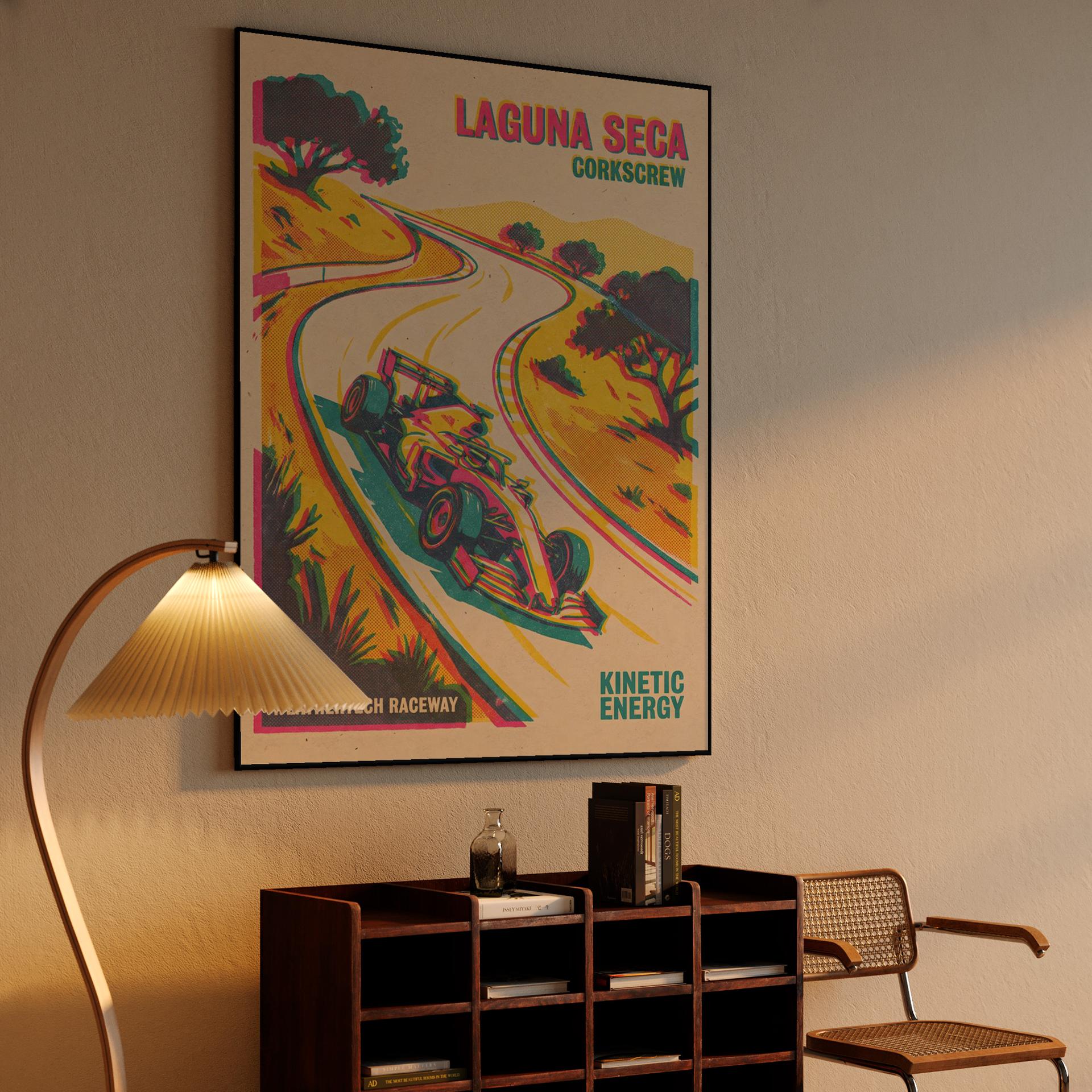 Kinetic Energy: Laguna Seca Corkscrew Retro Racing Poster