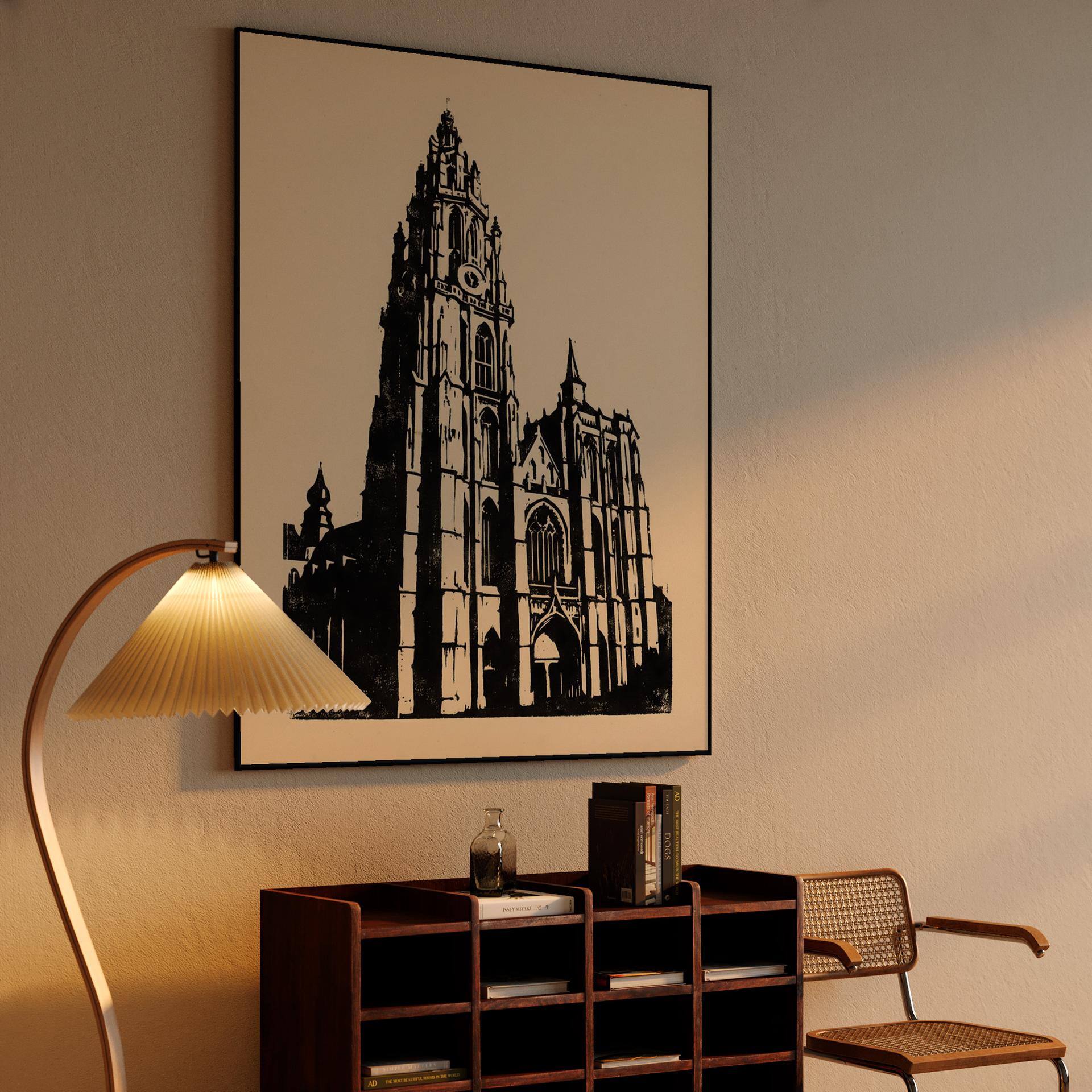 Antwerp Cathedral Woodcut Illustration