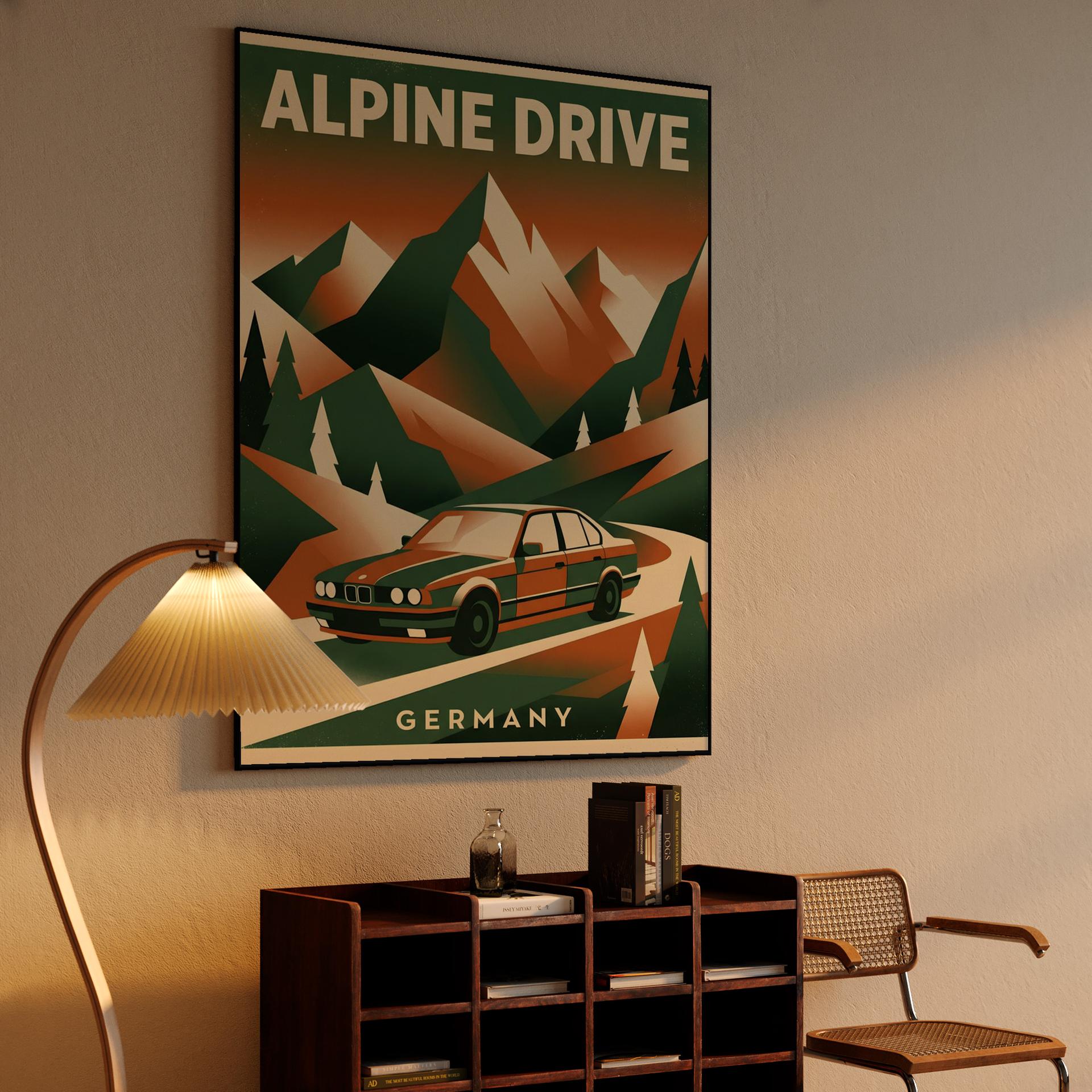 Alpine Drive: BMW E34 Germany Travel Poster