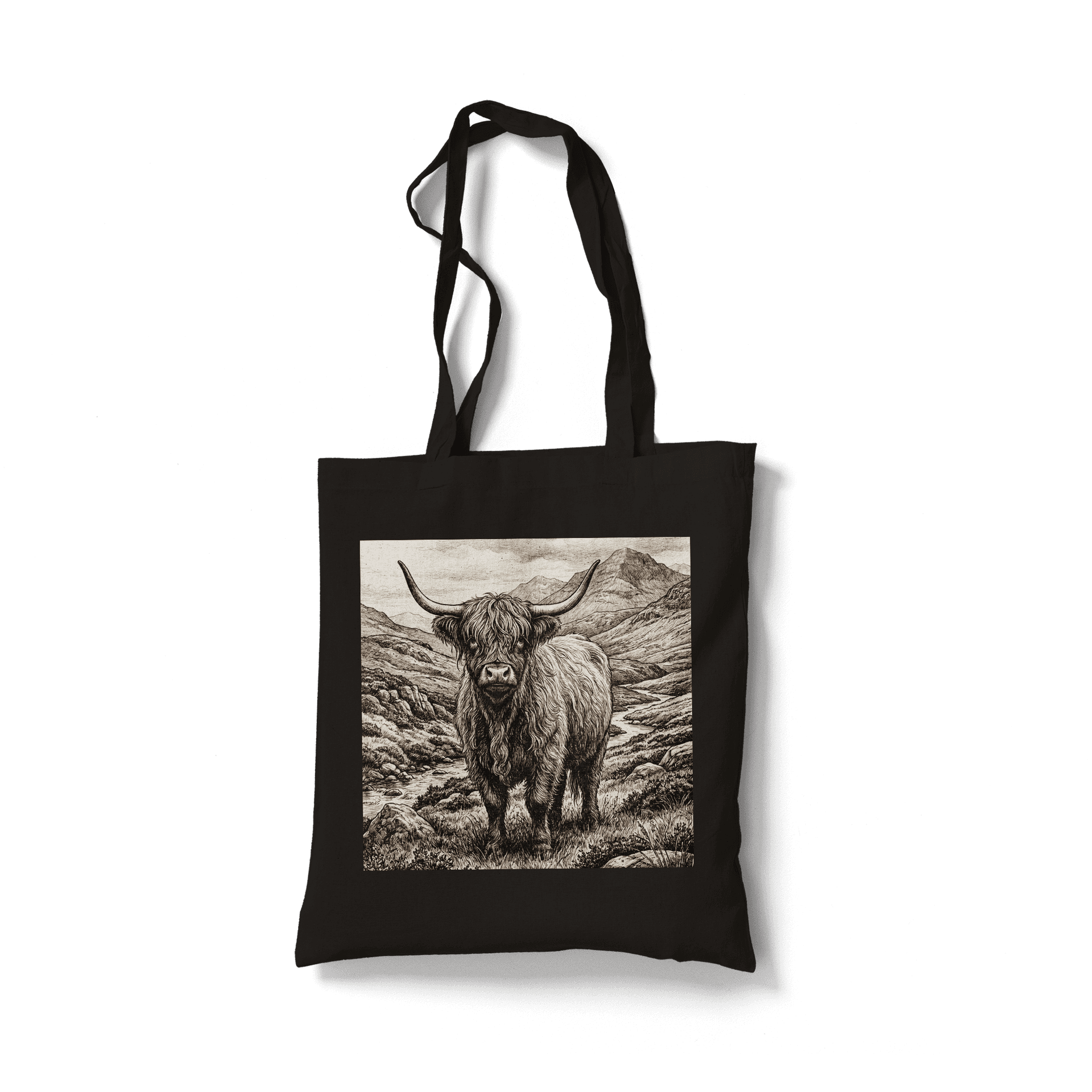 Highland Majesty: Sepia Ink Drawing of a Scottish Cow