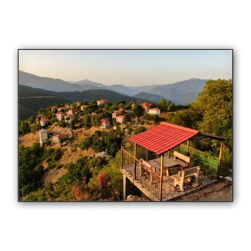 Village and observatory at sunset wall art poster