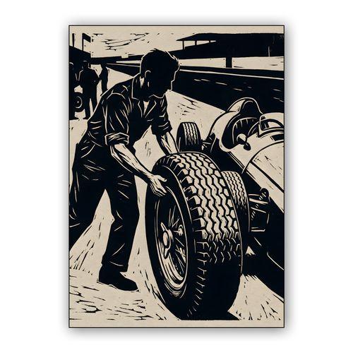Vintage Pit Stop Woodcut wall art poster