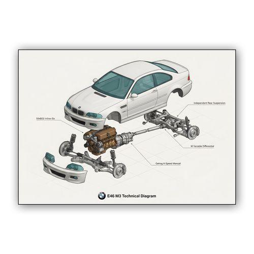 BMW E46 M3 Exploded Technical Diagram wall art poster