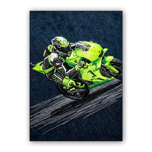 Neon Velocity: Hand-Stitched Sportbike Action wall art poster