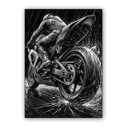 Torrential Velocity: Woodcut Motorcycle Racing in the Rain wall art poster