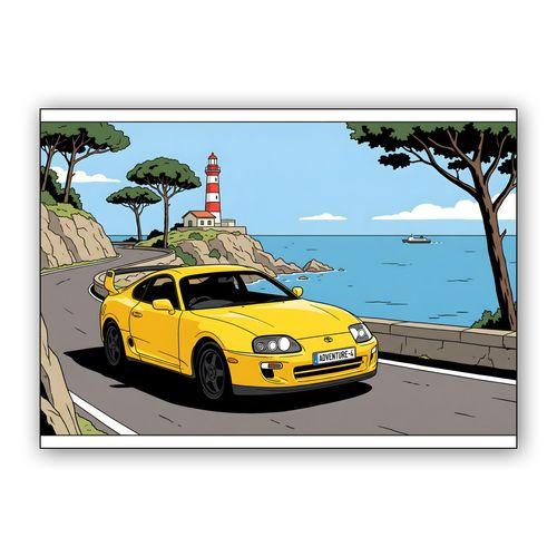 Coastal Adventure: Yellow Supra A80 wall art poster