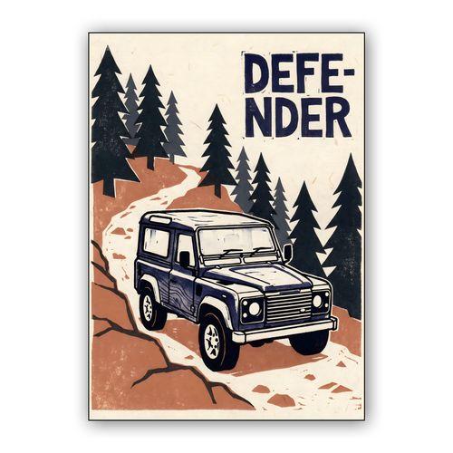 Defender 90 Woodcut Mountain Trail wall art poster