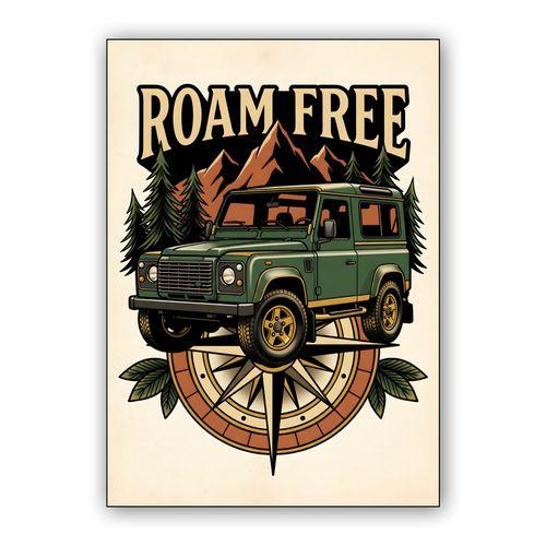 Roam Free Land Rover Defender Adventure Emblem wall art poster