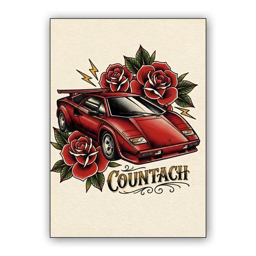 Lamborghini Countach Traditional Tattoo Graphic wall art poster