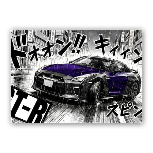 Nissan GT-R Tokyo Rain Manga Drift wall art poster
