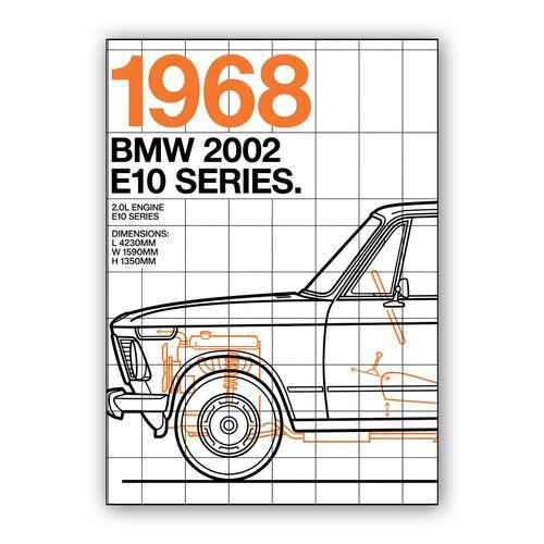 BMW 2002 E10 Series 1968 Technical Blueprint Poster wall art poster