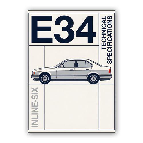 BMW E34 Technical Profile Illustration wall art poster