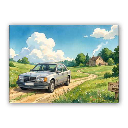 W124 Country Drive: Pastoral Watercolor Illustration wall art poster