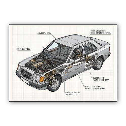 Mercedes-Benz W124: Engineering Cutaway Illustration wall art poster