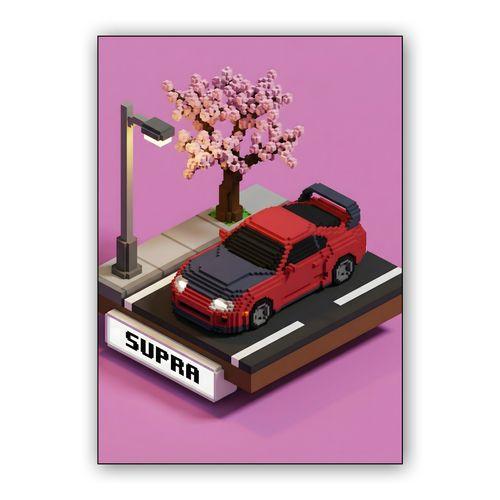 Voxel Dreams: Red Toyota Supra A80 Diorama wall art poster
