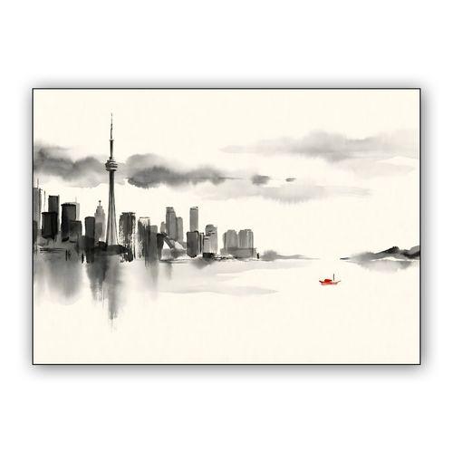 Sumi-e Toronto: Red Boat on Lake Ontario wall art poster