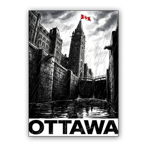 Ottawa Noir: Rain Over the Locks wall art poster
