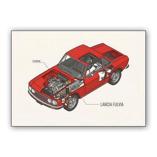 Lancia Fulvia Technical Cutaway Illustration wall art poster