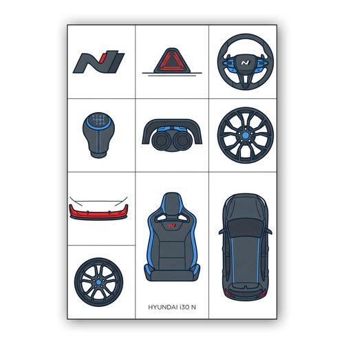 Hyundai i30 N Component Essentials Illustration wall art poster