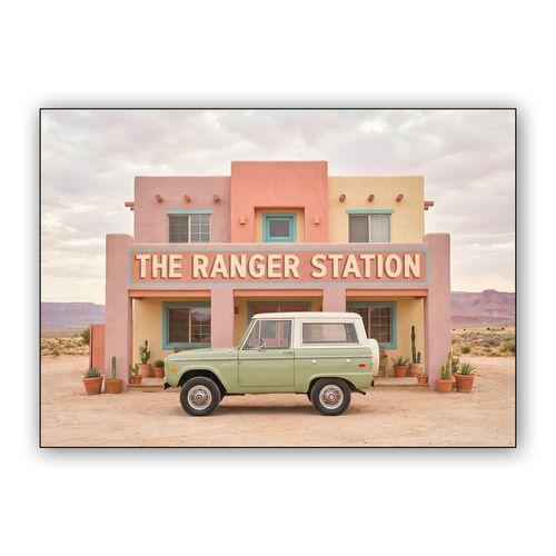 Desert Outpost: Vintage Bronco at the Ranger Station wall art poster