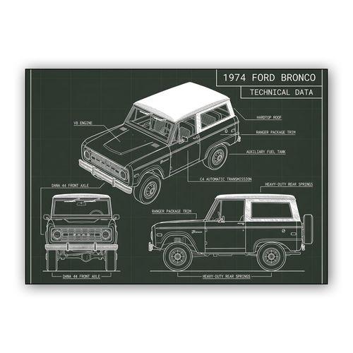 1974 Ford Bronco Ranger Technical Blueprint wall art poster