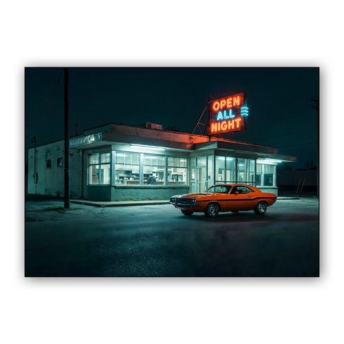 Midnight Mopar: Orange Challenger at the Diner wall art poster